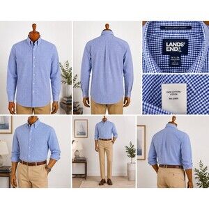 Lands End Men 16.5 34 Blue Plaid No Iron Gingham  Dress Shirt Supima Cotton